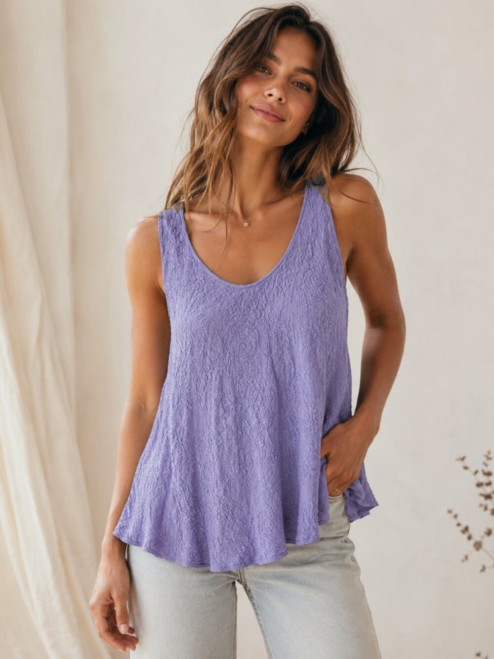 Uru Silk Lavender Textured Sleeveless Tank Top Oversized Lagenlook